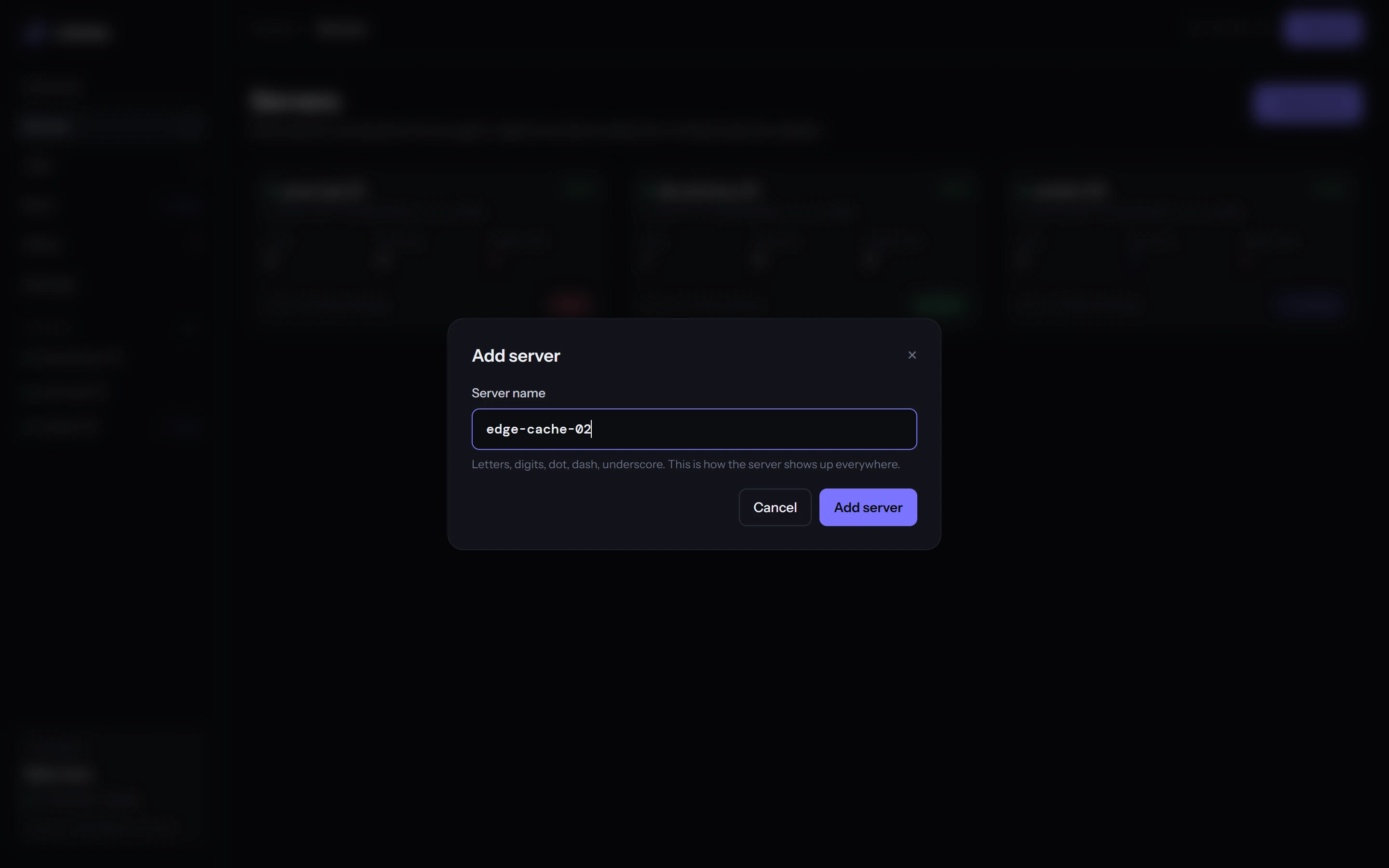 The Add server dialog asking for a server name