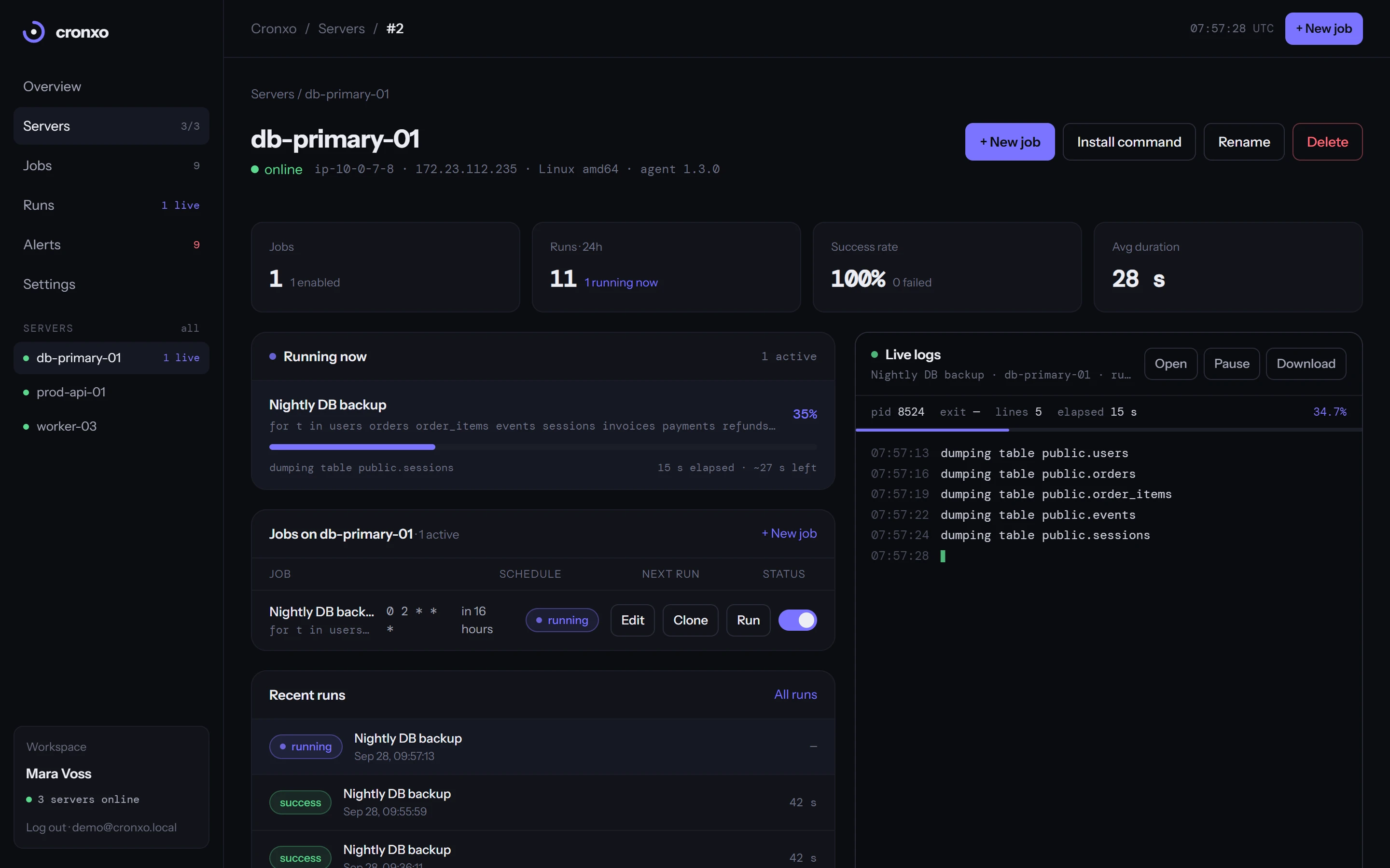 A server page in Cronxo: a database backup running with a progress bar and its log lines streaming on the right